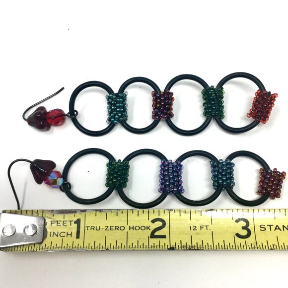 Handmade Long Black 'O' Shape Rubber Seed Bead Drop Dangle Earrings - Picture 11 of 16